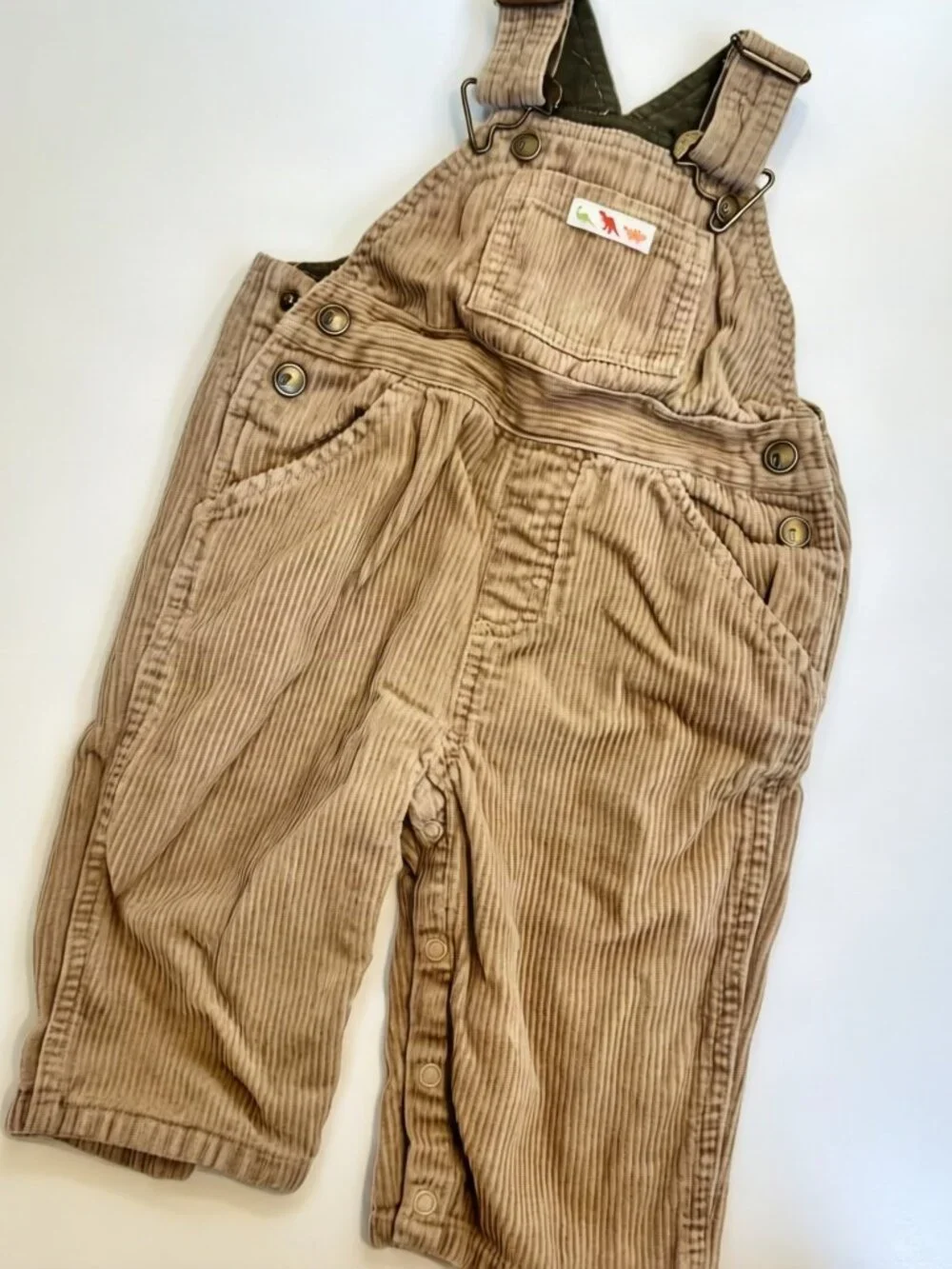 Gymboree Tan Corduroy Baby Overalls Dinosaur Patch 6-12M